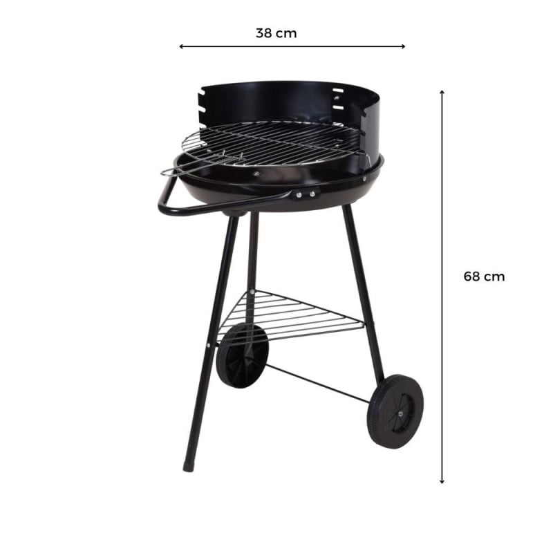 Barbecue charbon acier noir cuve 38 cm avec roues 68 cm
