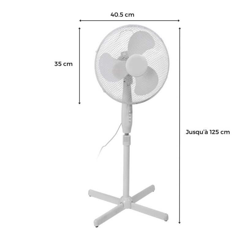 Ventilateur sur pied blanc 45 W — 3 vitesses oscillant tête inclinable