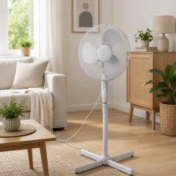 Ventilateur sur pied blanc 45 W — 3 vitesses oscillant tête inclinable