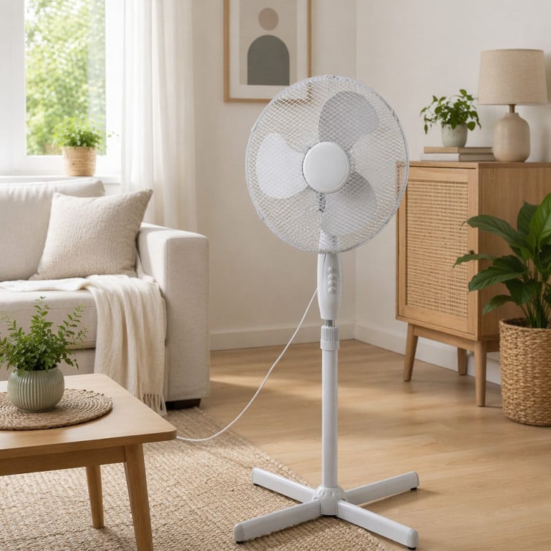 Ventilateur sur pied blanc 45 W — 3 vitesses oscillant tête inclinable